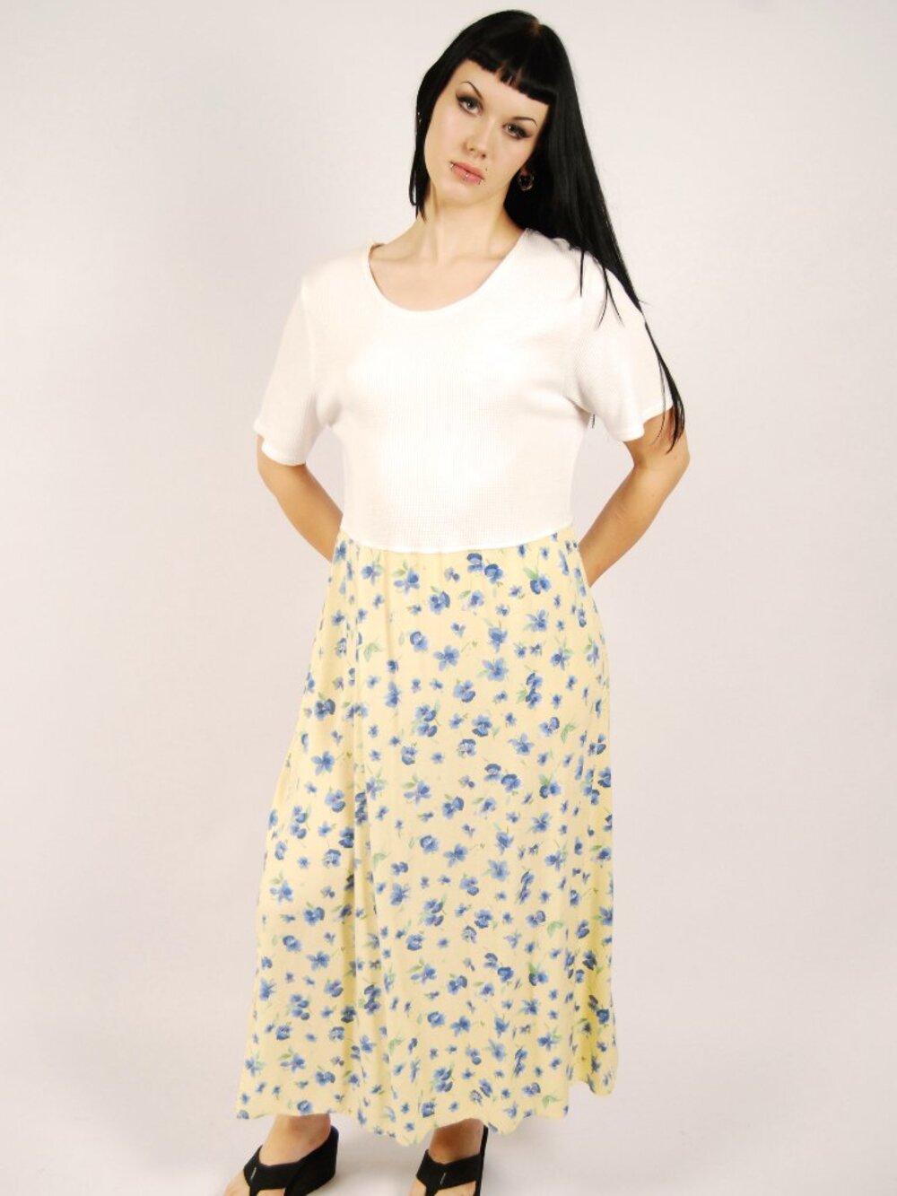 90s Shirt Dress (XL) butter yellow white vintage maxi Studio Ease boho twee cute